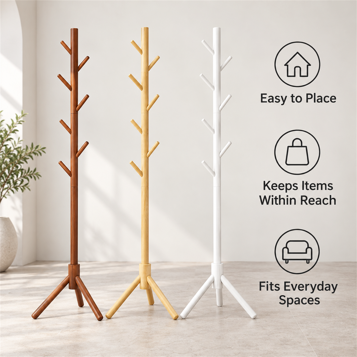 Modern Solid Wood Standing Coat Rack with Tripod Base