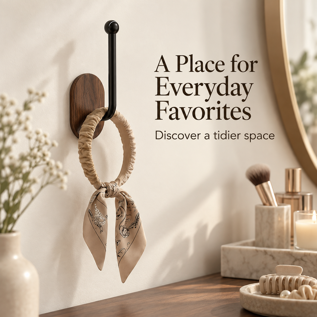 No-Drill Hair Accessory Wall Organizer – Walnut Look